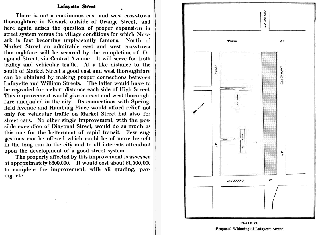 Lafayette Street proposed widening between Broad & Mulberry Streets
From "City Planning for Newark" 1913
