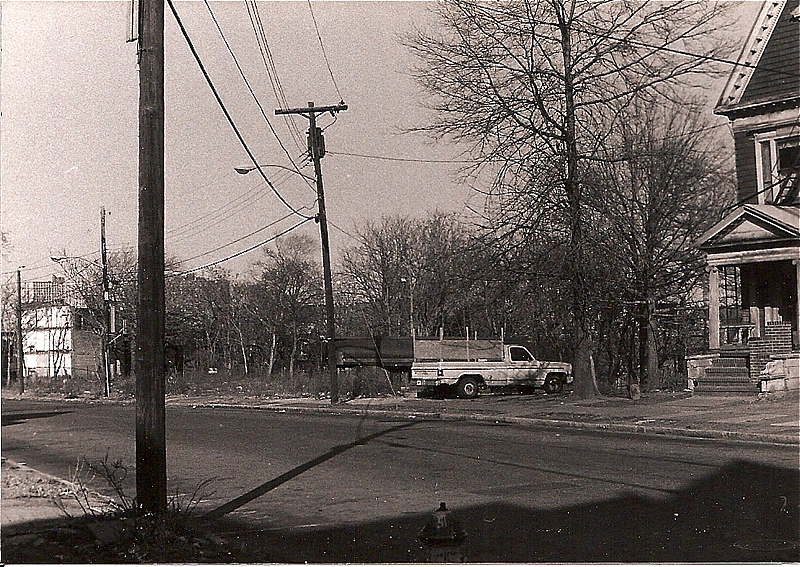 50 Milford Avenue
1984
Compare this photo with the other 50 Milford Avenue photo:

The people (my cousins and aunt) are in front of #50 Milford. It is an apartment building. To its right is another building. Next look at the 1984 photo. That building is the only one that remained then (1984) and it is still standing (I think). Note the latticework in the sidewalk best seen in the 1943 photo.

Photo from Paul J. Kiell
