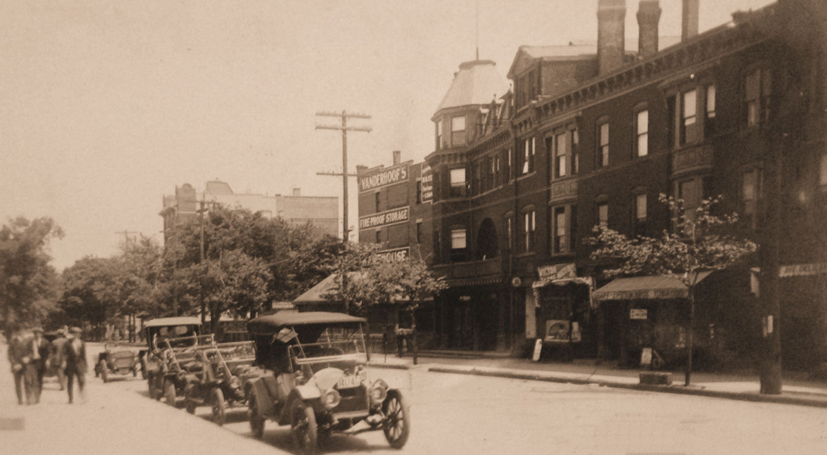 123 Roseville Avenue
Vanderhoof's Storage on the corner of 7th Avenue, then working back is the recessed railroad (you can barely see the bridge between the two cars with tops), then the Roseville Hotel, Victor Talking Machines, & Lipstein Brothers Tobacco

Postcard
