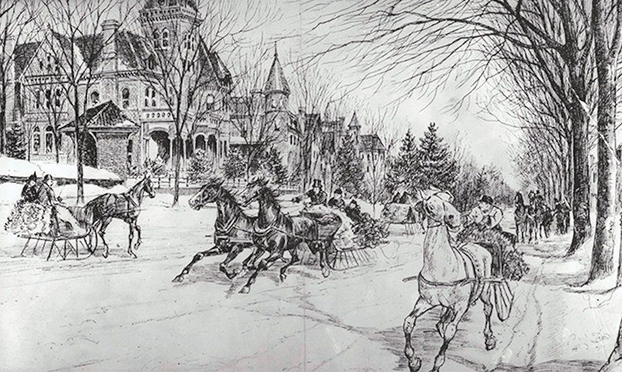 High & Spruce Streets
From "Old South High Street" 1929

In winter this street was a carnival place.  There was little traffic on the cross streets and the pavement was smooth.  A little ice and snow made good sleigh-riding, and the owners of fine horses came here to race them with other owners, and they did so from Mercer Street on the north to beyond Spruce Street, and walked the horses slowly back on the east side.  The sidewalks were lined with people as on a circus parade day.

+++++++++++++++++++++++

This is a drawing of the corner of High & Spruce Streets with the Albright Mansion in the background.
