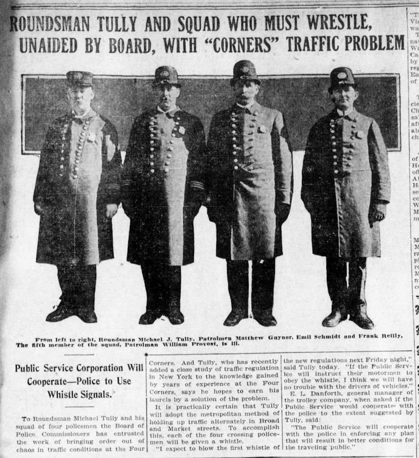 Roundsman Tully and Squad Who must Wrestle, Unaided by Board, with "Corners" Traffic Problem
Newark Star 1908
